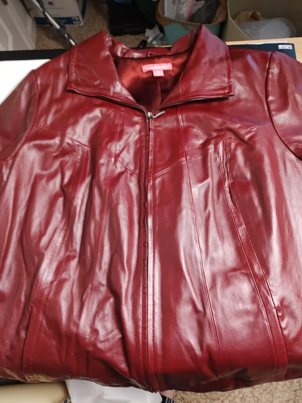 Woman Within 22W Genuine Leather Jacket Burgundy Wine Red Zip Front Plus Size